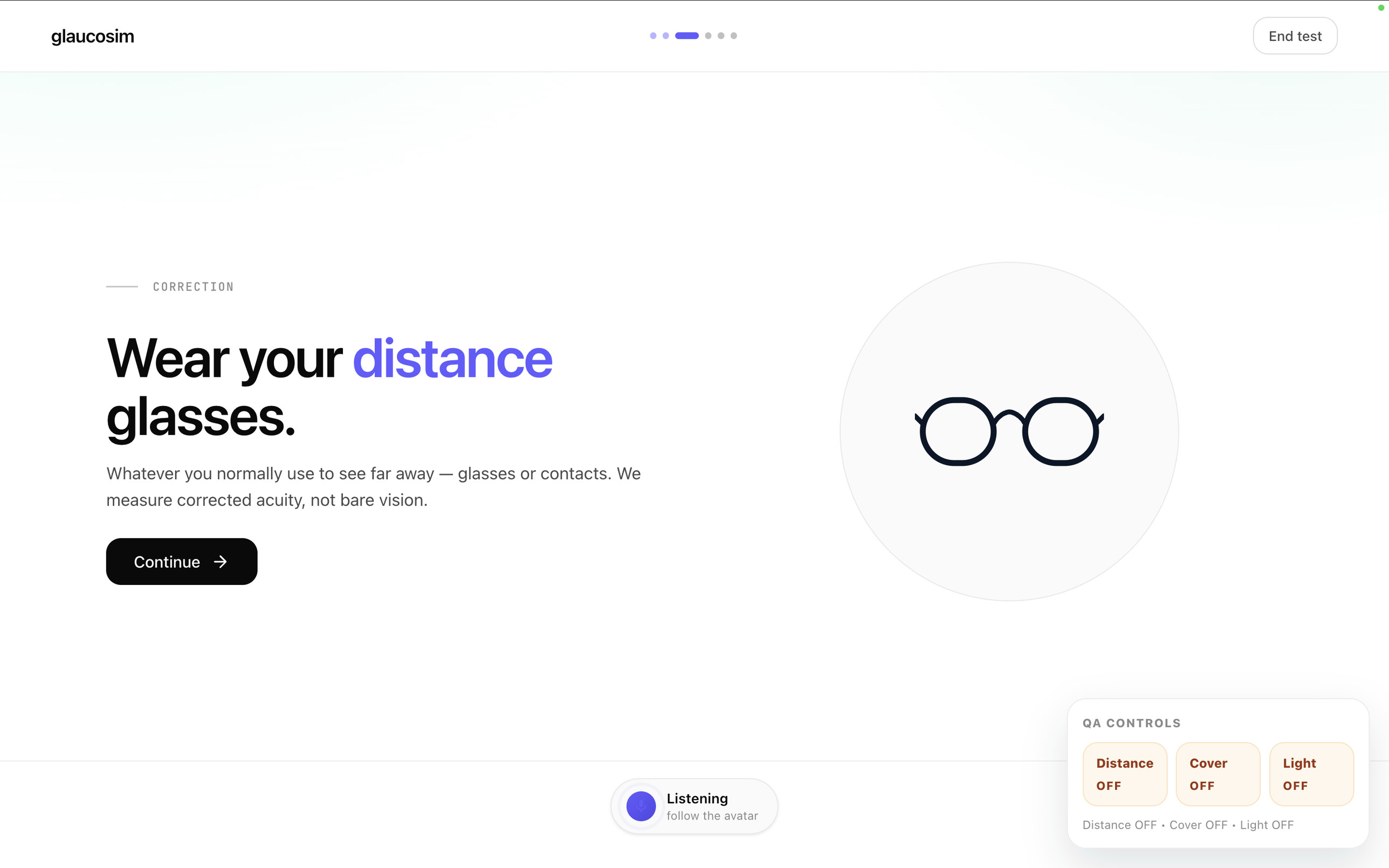 Glaucosim visual acuity setup screen asking the patient to wear their distance glasses