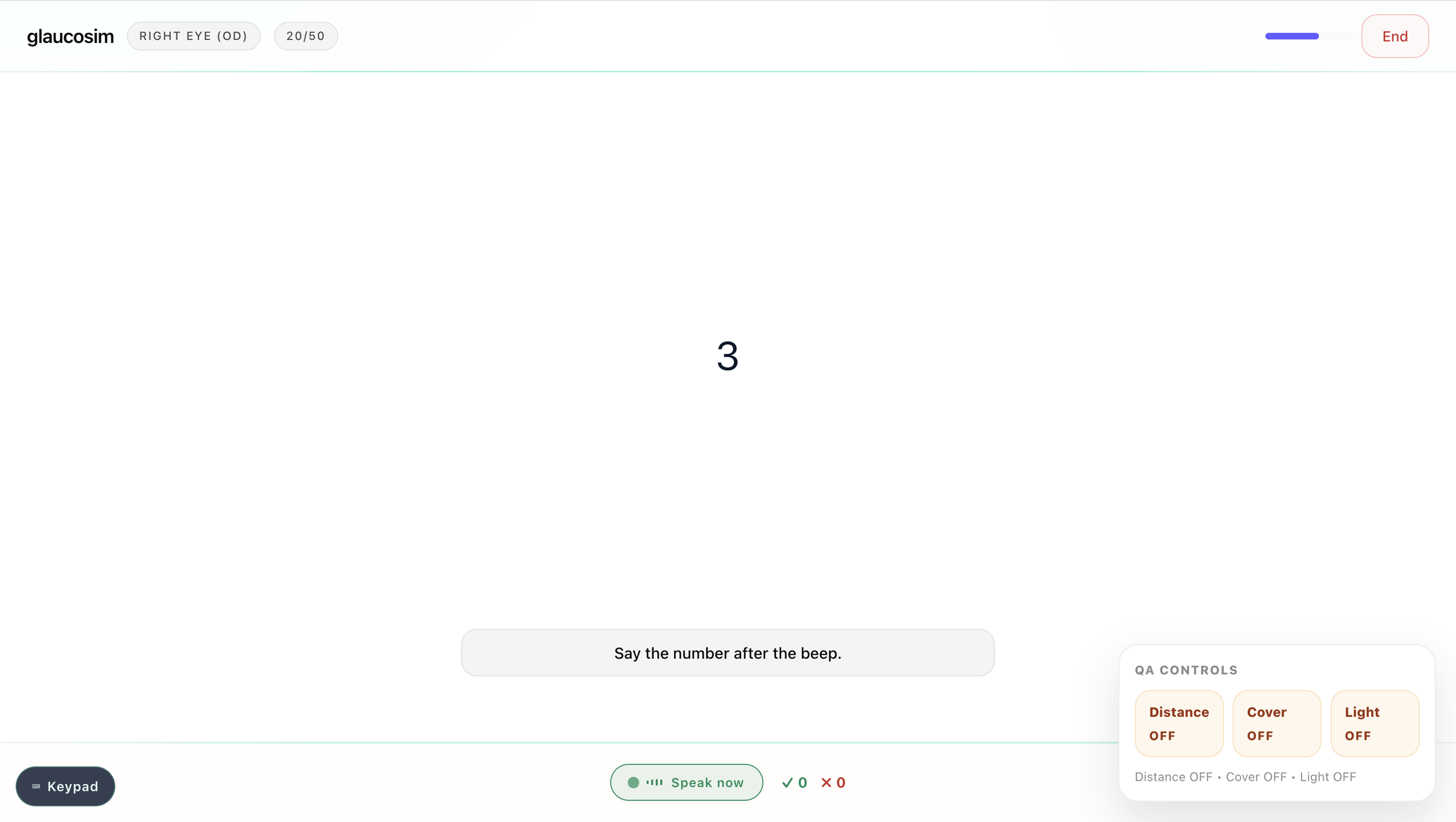Glaucosim visual acuity exam in progress with an optotype digit and the 'Say the number' prompt
