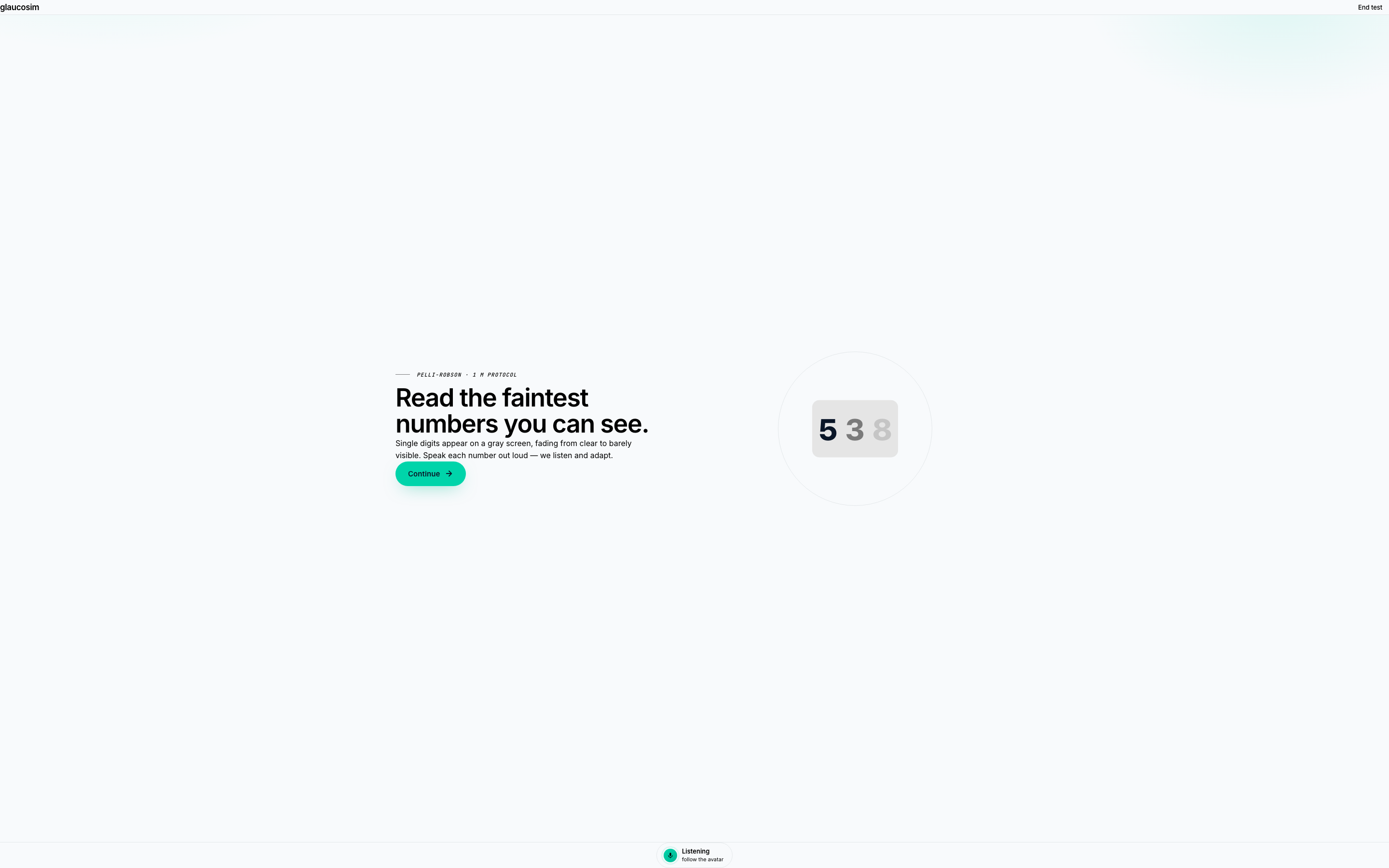 Glaucosim contrast sensitivity intro screen — 'Read the faintest numbers you can see' with a 5-3-8 sample triplet