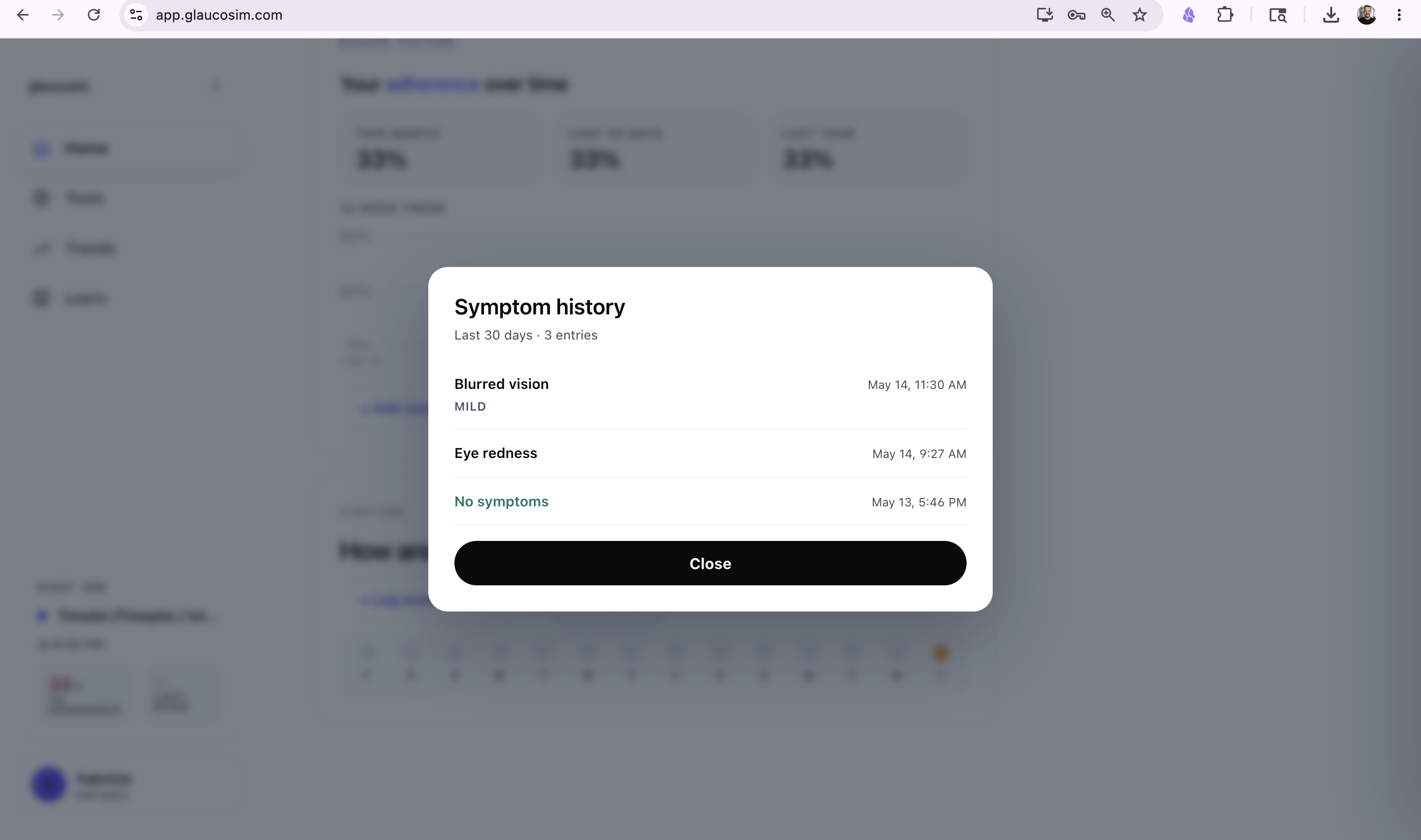 Glaucosim symptom diary timeline