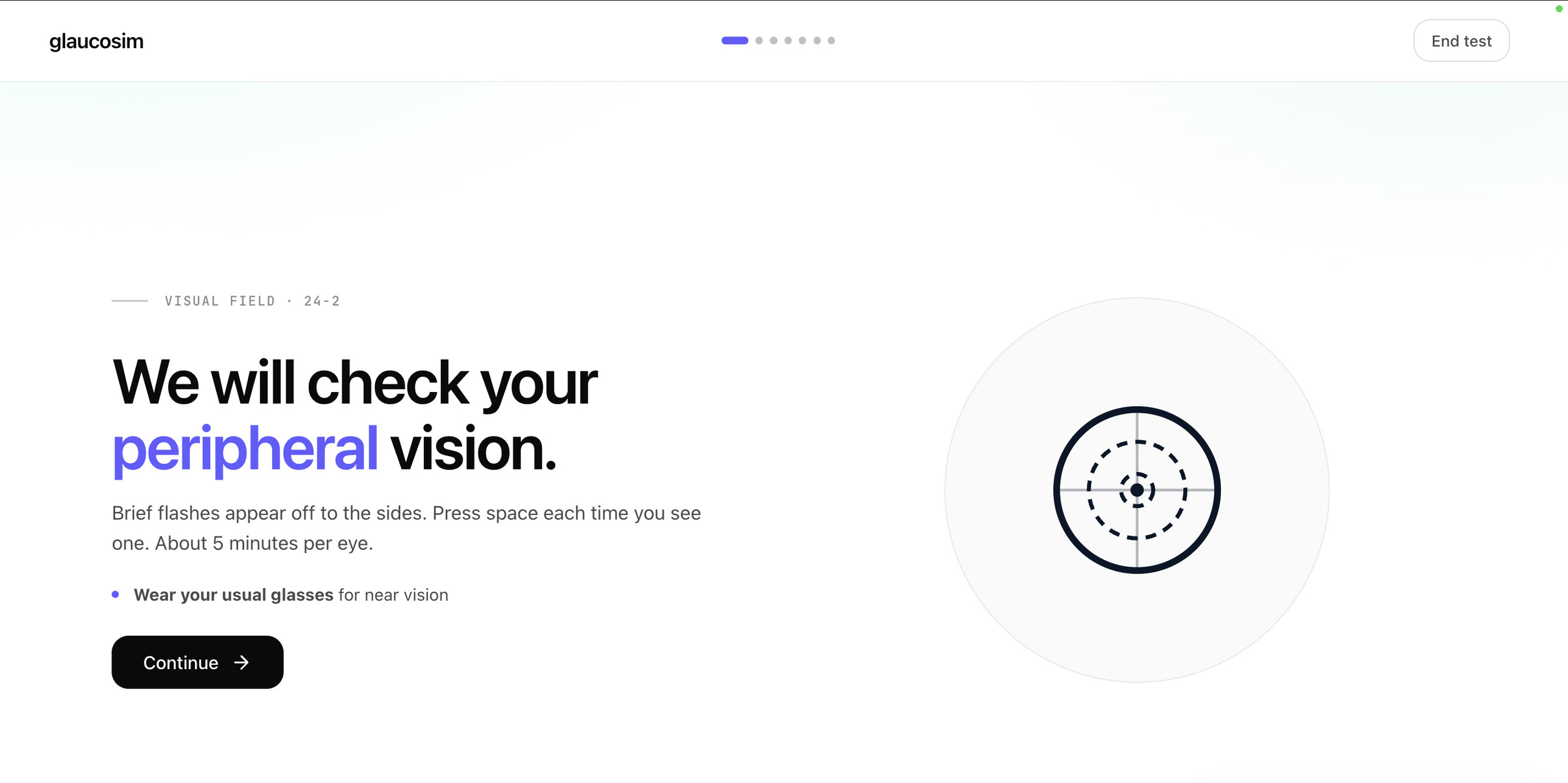 Glaucosim visual field setup screen explaining the 24-2 test to the patient