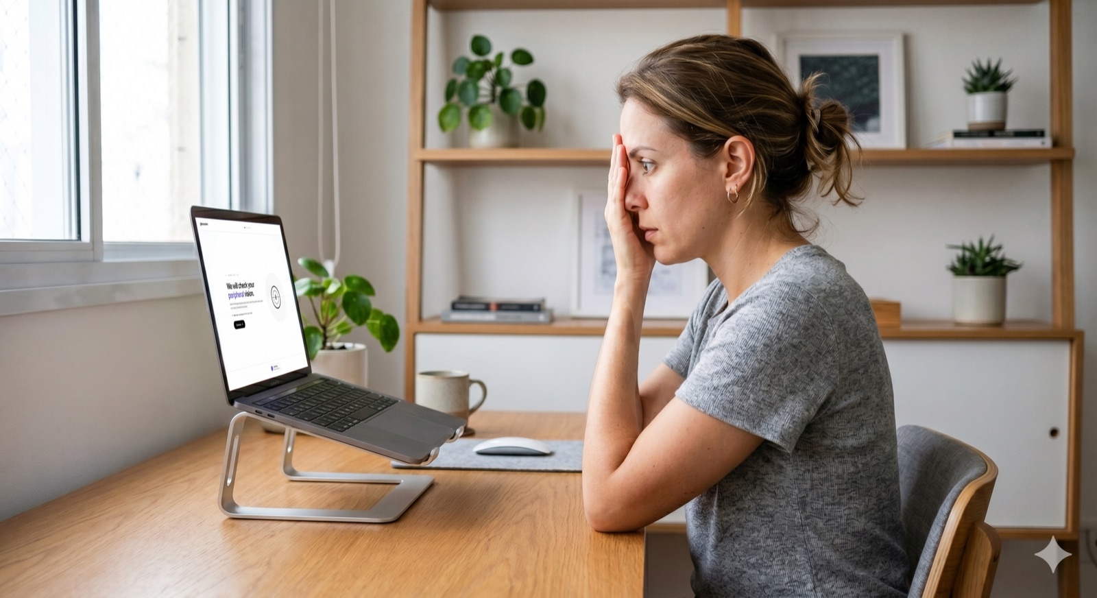 A patient at her laptop running a Glaucosim 24-2 visual field, covering one eye while a peripheral-vision target appears on the calibrated screen.