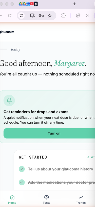 Glaucosim patient home screen on iPhone — Good afternoon Margaret, get reminders for drops and exams