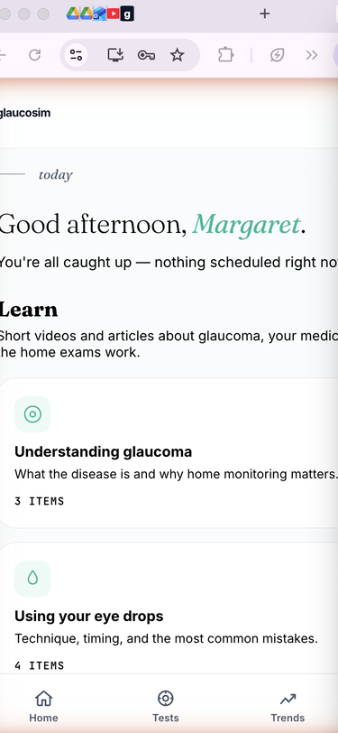 Glaucosim patient learn screen on iPhone — short videos and articles about glaucoma and medications